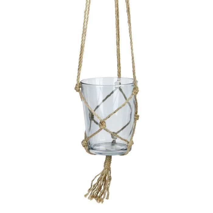 Hängande glasburk - Med hamprep - Ø 13 x 16 cm - Himmelblå
