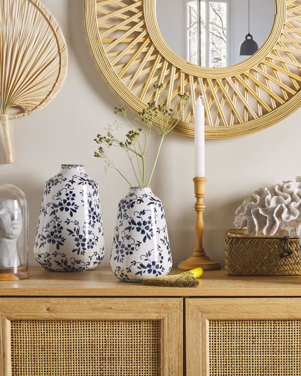Blomstervase Hvid Blå Keramik 25 cm Prik Mønster Vandtæt Distressed Knitret Look Retro Design Håndværk til Stue med Anti Rids Underlag