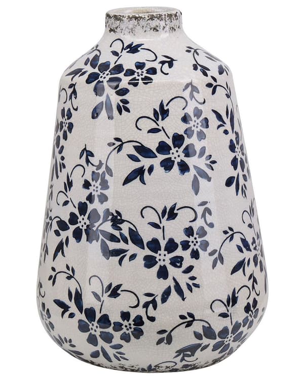 Blomstervase Hvid Blå Keramik 25 cm Prik Mønster Vandtæt Distressed Knitret Look Retro Design Håndværk til Stue med Anti Rids Underlag