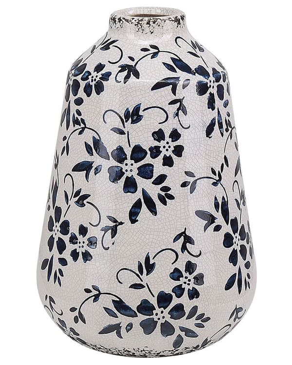 Blomstervase Hvid Blå Stentøj 20 cm Prik Mønster Vandtæt Distressed Knitret Look Retro Design Håndværk til Stue med Anti Rids Underlag