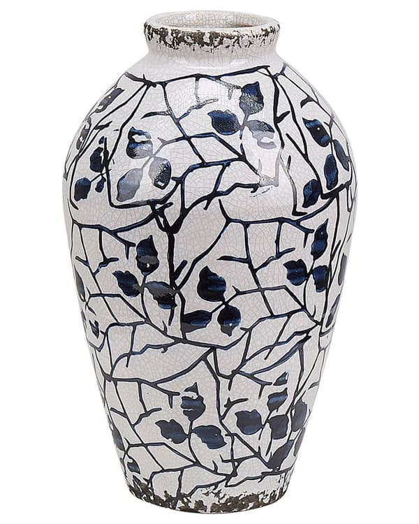 Blomvas Vit och Blå Stengods 22 cm Blommönster Modern Design Inomhuskruka