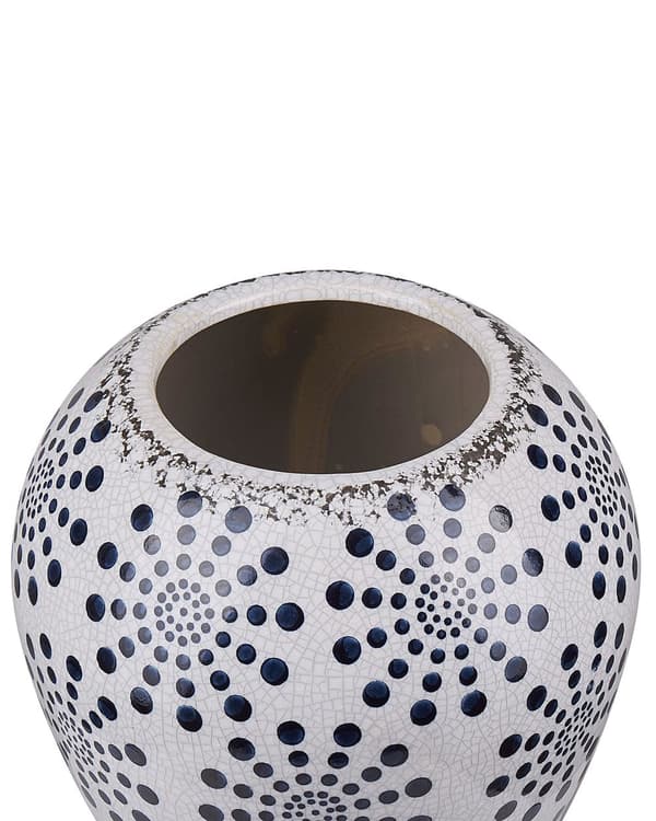 Blomstervase Hvid Blå Keramik 19 cm Prik Mønster Vandtæt Distressed Knitret Look Retro Design Håndværk til Stue med Anti Rids Underlag