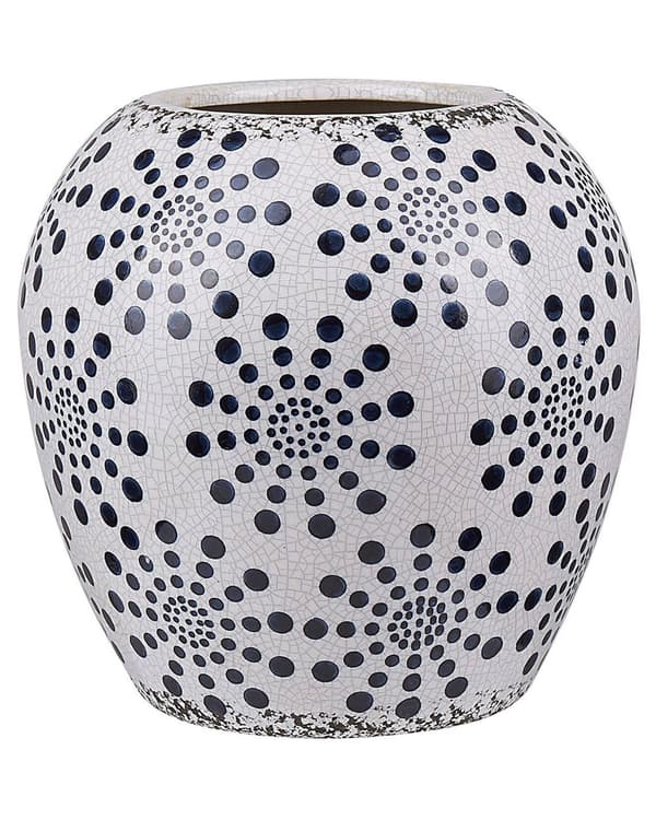 Blomstervase Hvid Blå Keramik 19 cm Prik Mønster Vandtæt Distressed Knitret Look Retro Design Håndværk til Stue med Anti Rids Underlag