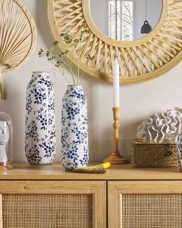 Vase Hvid Blå Keramik 30 cm Høj Flot Mønstret Blomstervase med Vandtæt Knitret Look Retro Design Håndværk til Stue Bordpynt til Vindueskarm