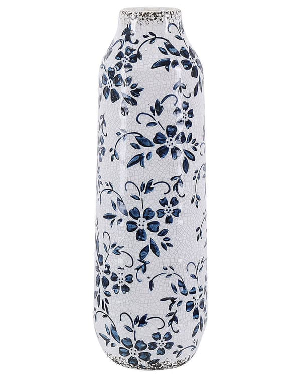 Vase Hvid Blå Keramik 30 cm Høj Flot Mønstret Blomstervase med Vandtæt Knitret Look Retro Design Håndværk til Stue Bordpynt til Vindueskarm
