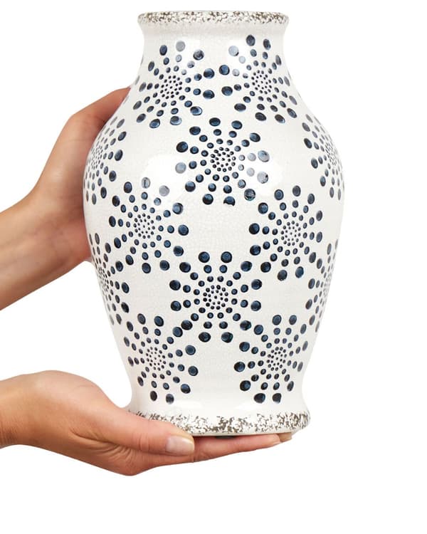 Blomstervase Hvid og Blå Keramik 25 cm Prik Mønster Retro Design Stue og Værelsesindretninger