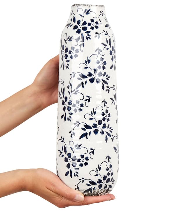 Blomvas Vit och Blå Stengods Hög 35 cm Blommönster Sliten Finish Vattentät