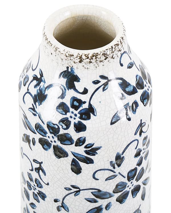 Blomvas Vit och Blå Stengods Hög 35 cm Blommönster Sliten Finish Vattentät