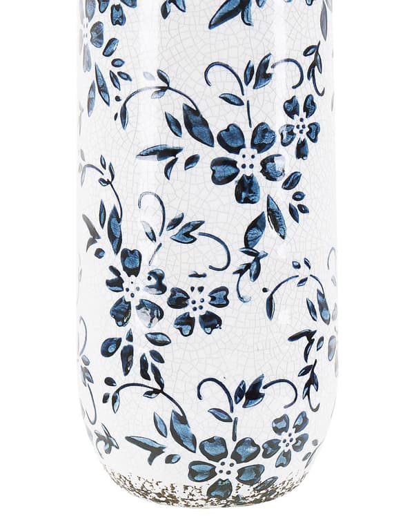 Blomvas Vit och Blå Stengods Hög 35 cm Blommönster Sliten Finish Vattentät