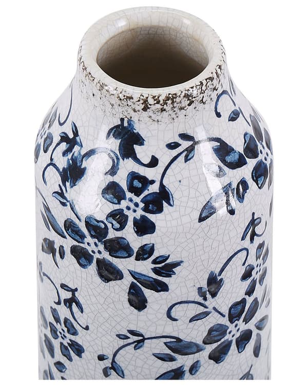 Blomvas Vit och Blå Stengods Hög 30 cm Blommönster Sliten Finish Vattentät