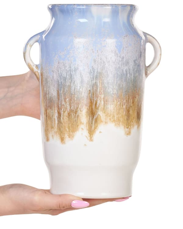 Vase Blå Hvid Nuance Flerfarvet Stentøj ø 14 x 25 cm Blomstervase med Hank Dekorativ Tilbehør Bordpynt Soveværelse Pigeværelse Design Tilbehør