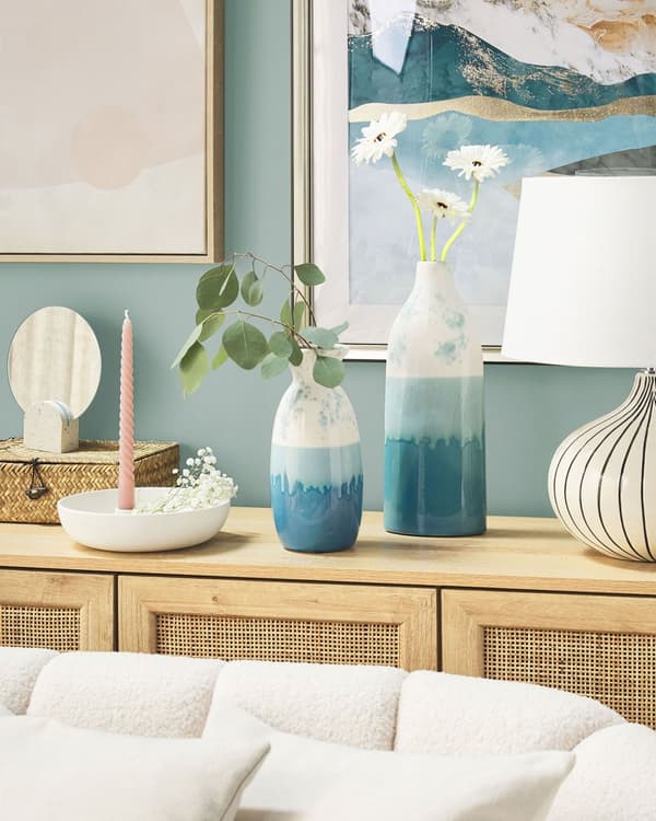 Blomstervase Hvid Blå Stentøj 35 cm Flyder over Mønster Vandtæt Overgangs Effekt Look Retro Design Håndværk til Stue med Anti rids Underlag