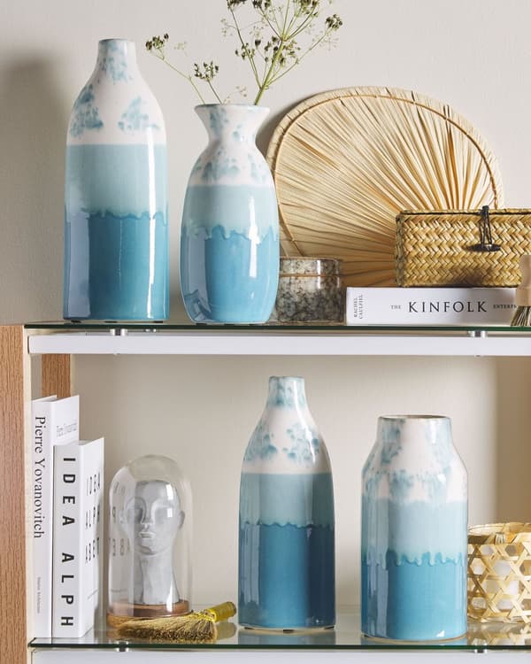 Blomstervase Hvid Blå Stentøj 35 cm Flyder over Mønster Vandtæt Overgangs Effekt Look Retro Design Håndværk til Stue med Anti rids Underlag