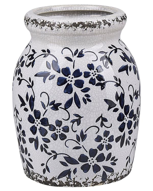 Blomstervase Hvid Blå Stentøj 18 cm Vandtæt Moderne Design Dekoration til Stue med Anti rids Underlag