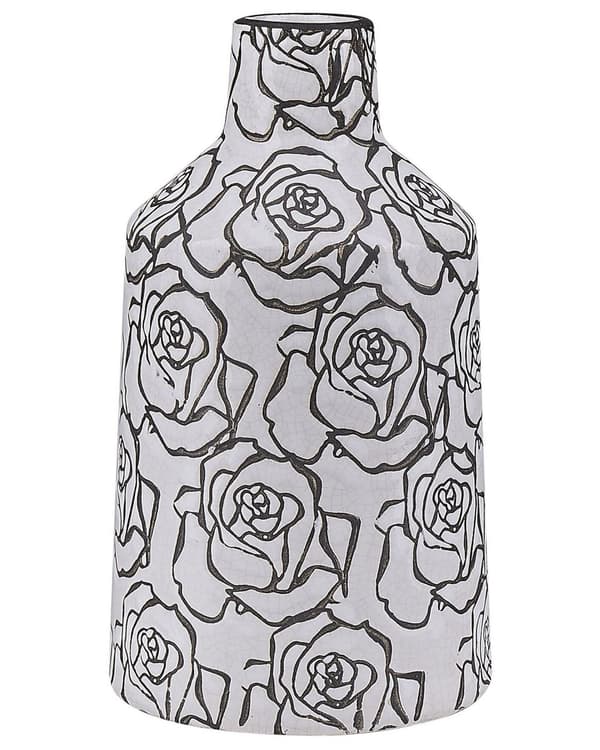 Vase Hvid og Sort Stentøj 26 x 14 cm Vandtæt Små Blomster Motiv Bordpynt Knitrer Effekt Tilbehør Stue Soveværelse Indretning Skandinavisk