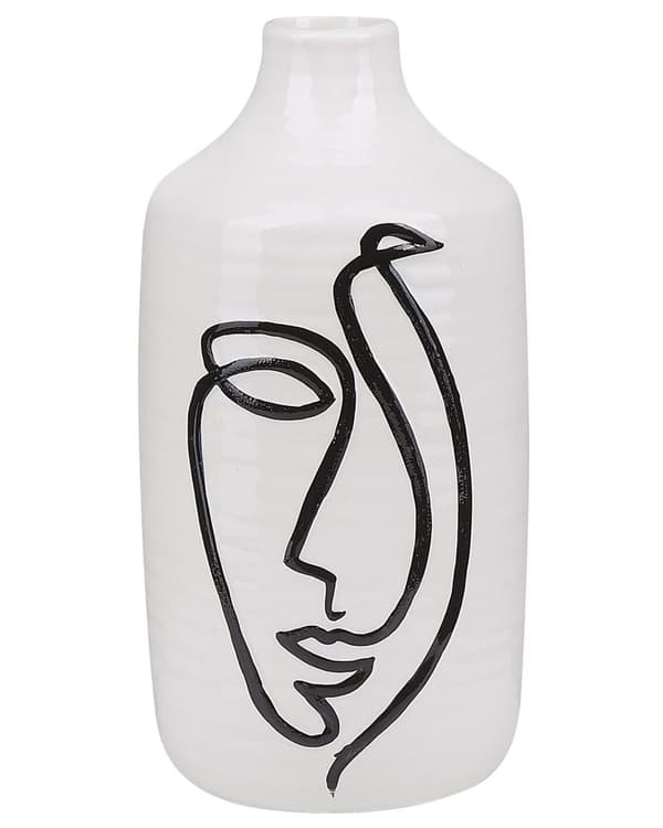 Dekorativ Vase i Hvid og Sort Stentøj 22 x 12 cm Flaskeformet Blomster Opbevaring Abstrakt Ansigts Mønster Minimalistisk Skandinavisk Dekor