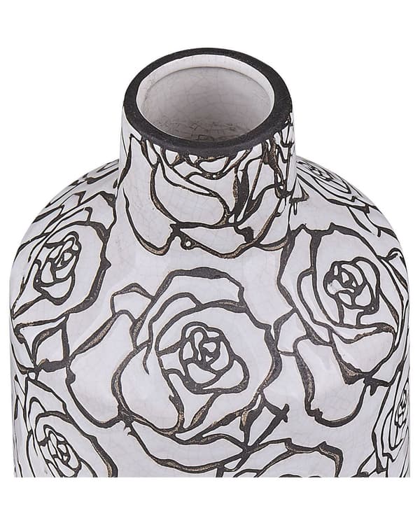 Blomvas Vit med Svart Stengods Vattentät Rosor Motiv Sprickeffekt Vitrad Design