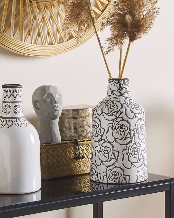 Blomvas Vit med Svart Stengods Vattentät Rosor Motiv Sprickeffekt Vitrad Design