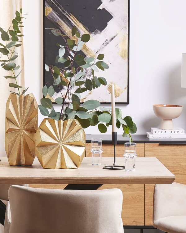 Dekorativ Vase i Guld Keramik 25 cm Glamour med Asymmetrisk Stjerne Stråler Mønster Effekt Kommode Skænk Indretning Stue Dekor
