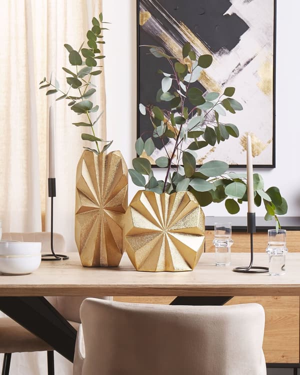 Dekorativ Vase i Guld Stentøj 37 cm Glamour med Asymmetrisk Stjerne Stråler Mønster Effekt Kommode Skænk Indretning Stue Dekor