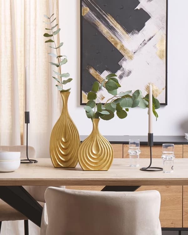 Blomvas Guld Keramik 39 cm Dekorativ Snidad yta Oregelbunden form