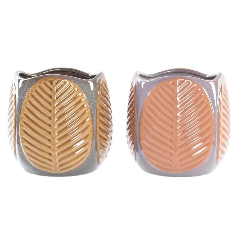 Kruka DKD Home Decor Brun Orange Stengods Löv av en växt (17 x 17 x 16 cm) (2 antal)