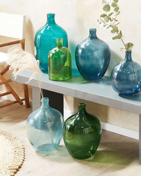Vase Blå Glas 39 cm Dekorativ Mundblæst Oval Glasvase Gennemsigtig Stor Gulvvase Design Bordpynt til Vindueskarm Pynteting Blomstervase