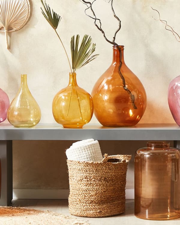 Vase Guld Brun Glas 48 cm Dekorativ Transparent Rund Håndlavet Mundblæst Blomster Glas Vase med Flaskehals til Bord Gulv Kommode Retro Design