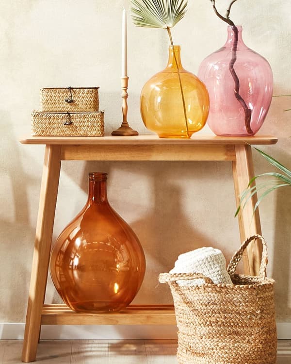 Vase Guld Brun Glas 48 cm Dekorativ Transparent Rund Håndlavet Mundblæst Blomster Glas Vase med Flaskehals til Bord Gulv Kommode Retro Design