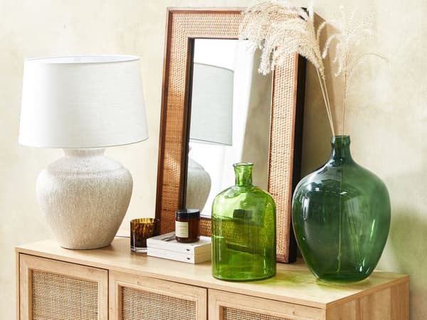 Vase Grøn Glas 39 cm Dekorativ Mundblæst Oval Glasvase Gennemsigtig Stor Gulvvase Design Bordpynt til Vindueskarm Pynteting Blomstervase