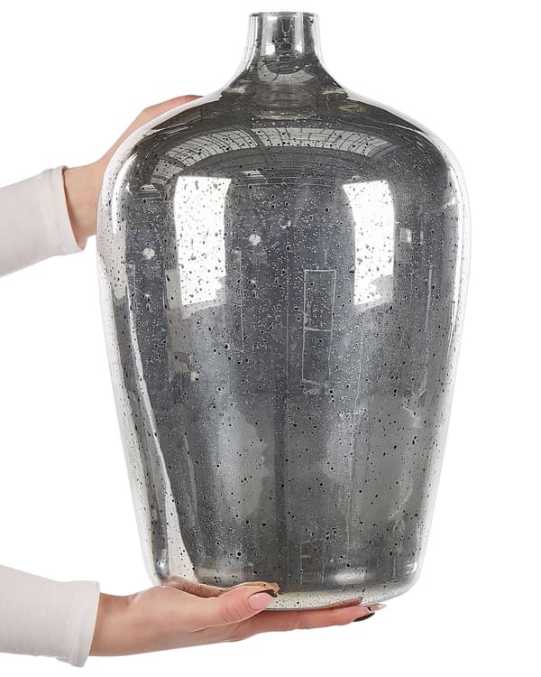 Vase Sølv og Glas 40 x 25 cm Dekorativ Stor Gulv Mundblæst Blomstervase Bordpynt Opbevaring til Stue Soveværelse Entré Tilbehør Indretning