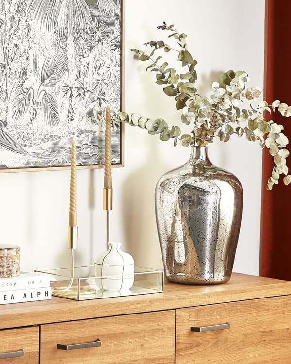Vase Sølv og Glas 40 x 25 cm Dekorativ Stor Gulv Mundblæst Blomstervase Bordpynt Opbevaring til Stue Soveværelse Entré Tilbehør Indretning