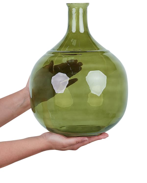 Blomvas Olivgrönt glas 34 cm Handgjord Dekorativ Rund Smal hals Heminredning Modern design