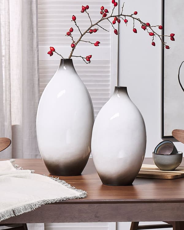 Dekorativ vase Hvit Svart Terrakotta 36 cm Høyglans Håndlaget Moderne design Tilbehør Dekorasjon