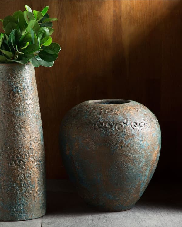 Dekorativ Vase Gullblå Terrakottavase 33 cm Oval Antikvitetslook
