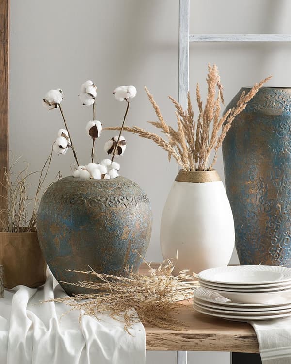 Dekorativ Vase Gullblå Terrakottavase 33 cm Oval Antikvitetslook