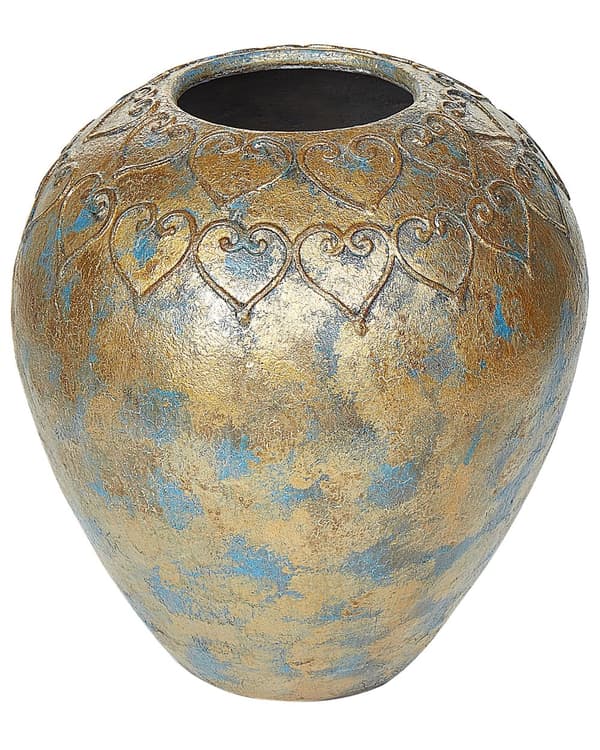 Dekorativ Vase Gullblå Terrakottavase 33 cm Oval Antikvitetslook