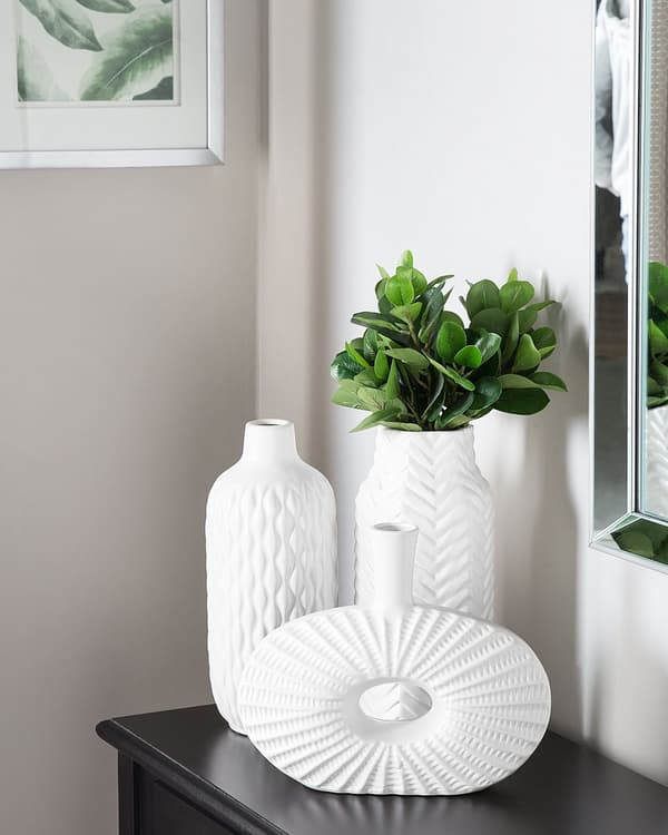 Vase Hvit Steintøy 31 cm Mønstret struktur Dekorasjon Tilbehør Glamour Blomstervase Innredning Gang Stue Soverom