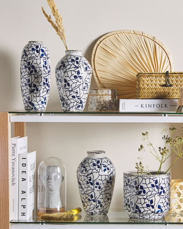 Blomstervase i hvitt og blått steingods Hjemmetilbehør Vanntett blomstermønster Retrostil Slitt stil