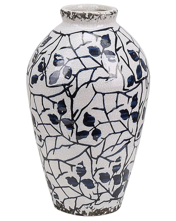 Blomstervase i hvitt og blått steingods 20 cm Blomstermønster Moderne design Innendørs krukke