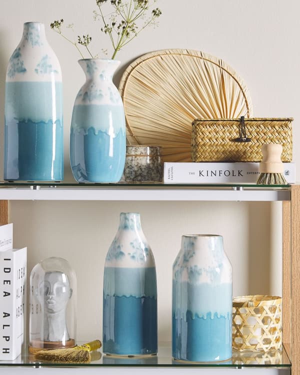 Vase Hvit Blå Keramikk Steintøy 25 cm Vanntett Blomstervase Dekorativ Tilbehør Elegant Moderne
