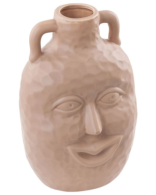 Blomstervase Beige Keramik 26 cm Dekorativt smilende ansigtsmotiv Håndlavet boligtilbehør Dekoration Traditionelt design