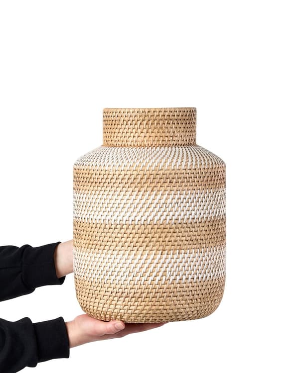 Dekorativ Vase Beige og Hvid Rattan Naturlig Stil Boligindretning