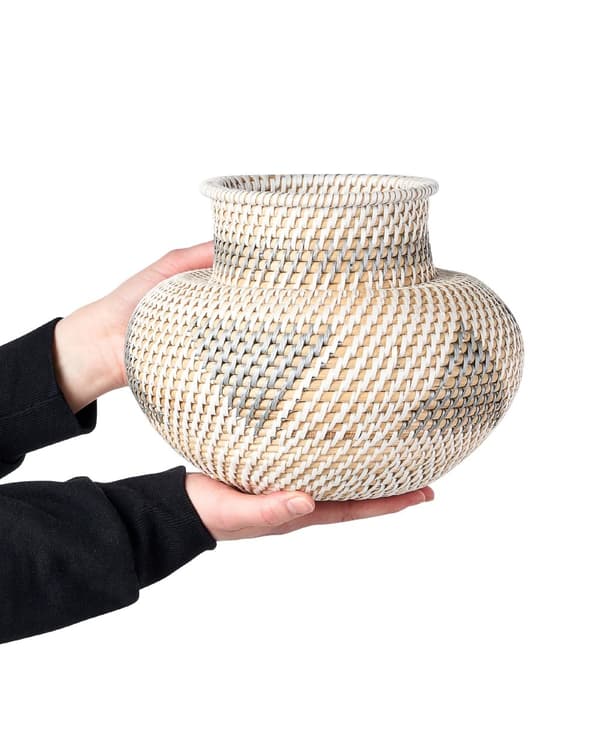 Dekorativ Vase Hvid og Grå Rattan Håndlavet Naturlig Stil Boligindretning til Tørrede Blomster