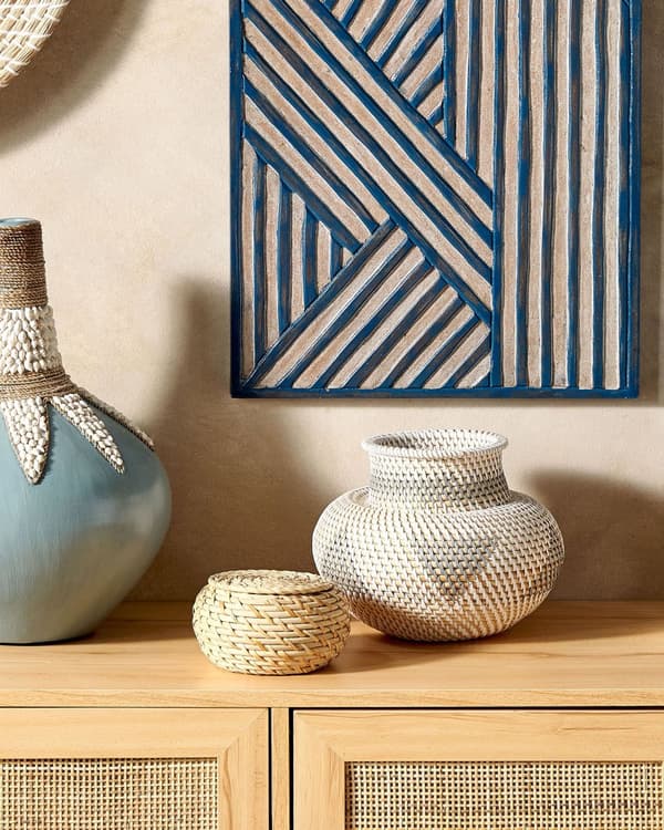 Dekorativ Vase Hvid og Grå Rattan Håndlavet Naturlig Stil Boligindretning til Tørrede Blomster
