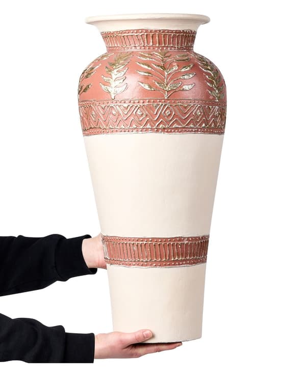 Dekorativ Vase Hvit Brun Terrakotta 60 cm Håndlaget Rustikk mønster Boho Hjemtilbehør