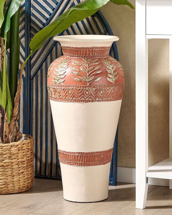 Dekorativ Vase Hvit Brun Terrakotta 60 cm Håndlaget Rustikk mønster Boho Hjemtilbehør