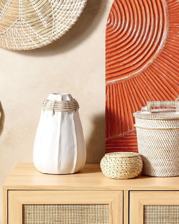 Dekorativ Vase Grå Hvit Terrakotta 30 cm Håndlaget Rustikk mønster Boho Hjemtilbehør