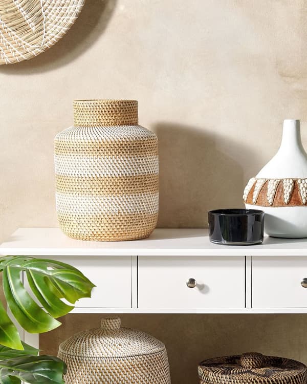 Koristemaljakko beige/valkoinen rottinki punos 36 cm luonnollinen tyyli