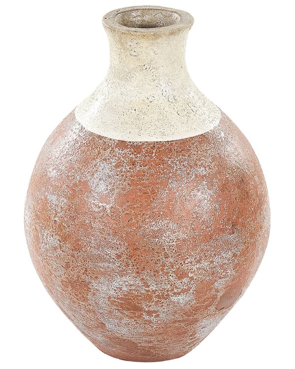 Dekorativ Vase Hvid og Brun Terracotta 37 cm Håndlavet Malet Retro Vintage-inspireret Design